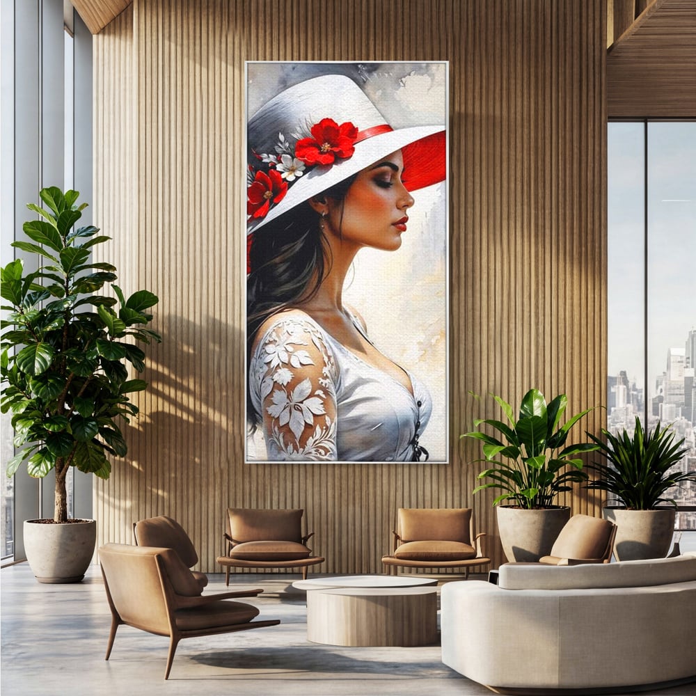 Tablou canvas cu tablou canvas cu profil de doamna, in rama de aluminiu argintiu, pe perete intr-un birou